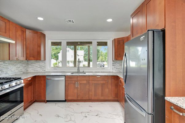 Interior, Kitchen, Marble, Recessed Lighting, Stainless Steel Appliances