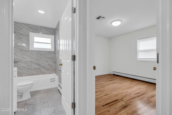 Bathroom, Interior, Marble, Marble Walls, Recessed Lighting, Wood Texture Flooring