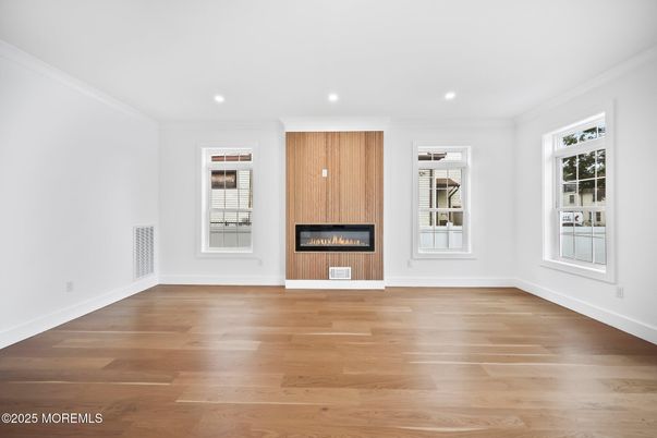 Empty room, Fireplace, Interior, Recessed Lighting, Wood Texture Flooring