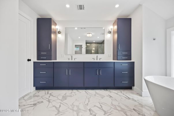 Bathroom, Dual Sink Vanities, Free Standing Baths, Interior, Marble, Recessed Lighting