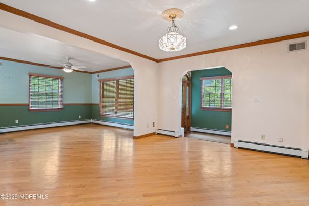 Chandelier, Empty room, Interior, Recessed Lighting, Wood Texture Flooring