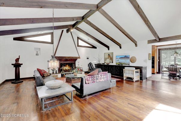 Dining room, Fireplace, Interior, Living room, Pendant Lights, Wooden Beams, Wood Texture Flooring