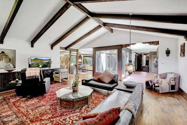 Interior, Living room, Pendant Lights, Wooden Beams, Wood Texture Flooring