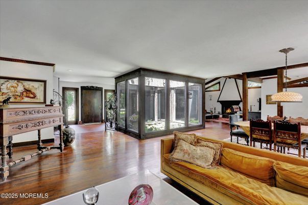 Dining room, Fireplace, Interior, Living room, Pendant Lights, Wood Texture Flooring