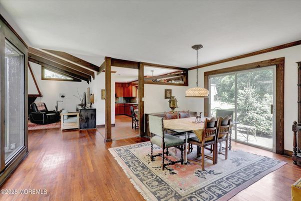 Dining room, Interior, Pendant Lights, Wooden Beams, Wood Texture Flooring