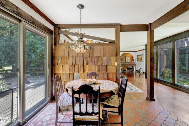 Chandelier, Dining room, Interior, Pendant Lights, Wooden Beams, Wood Texture Flooring