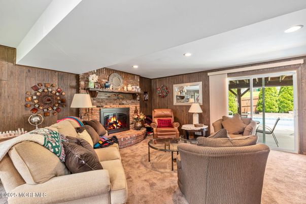 Fireplace, Interior, Living room, Recessed Lighting, Stone Walls, Wooden Walls