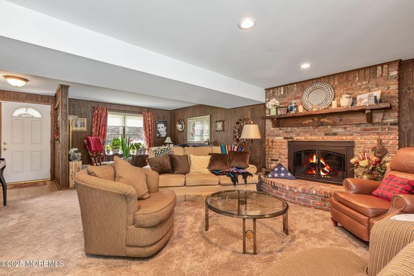 Fireplace, Interior, Living room, Recessed Lighting, Stone Walls