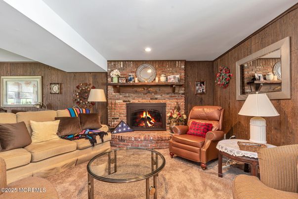 Fireplace, Interior, Living room, Recessed Lighting, Stone Walls, Wooden Walls