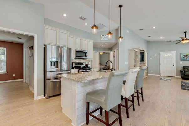 Interior, Kitchen, Pendant Lights, Recessed Lighting, Stainless Steel Appliances, Wood Texture Flooring