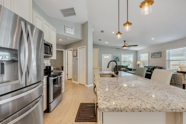 Interior, Kitchen, Pendant Lights, Recessed Lighting, Stainless Steel Appliances, Wood Texture Flooring