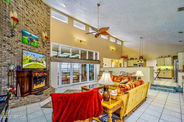 Fireplace, Interior, Kitchen, Living room, Pendant Lights, Recessed Lighting, Stone Walls