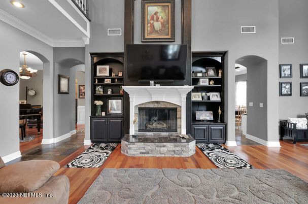 Fireplace, Interior, Pendant Lights, Recessed Lighting, Wood Texture Flooring