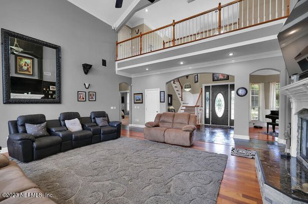 Fireplace, Interior, Living room, Recessed Lighting, Wood Texture Flooring