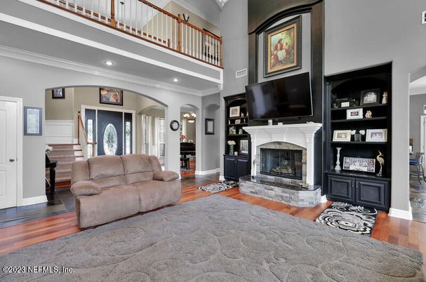 Fireplace, Interior, Living room, Recessed Lighting, Wood Texture Flooring