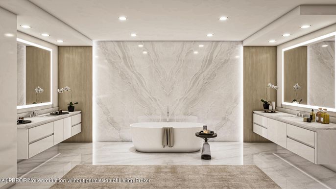 Bathroom, Dual Sink Vanities, Free Standing Baths, Interior, Marble, Marble Walls, Recessed Lighting