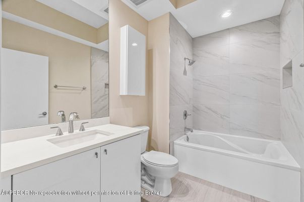 Bathroom, Interior, Marble Walls, Recessed Lighting, Wood Texture Flooring