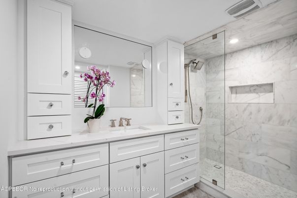Bathroom, Dual Sink Vanities, Glass Shower, Interior, Marble Walls, Recessed Lighting