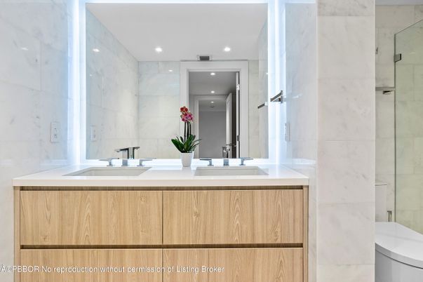 Bathroom, Dual Sink Vanities, Glass Shower, Interior, Marble Walls, Recessed Lighting