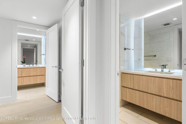 Bathroom, Interior, Marble Walls, Recessed Lighting, Wood Texture Flooring