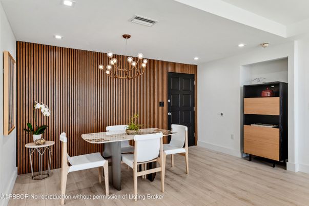 Dining room, Interior, Pendant Lights, Recessed Lighting, Wood Texture Flooring