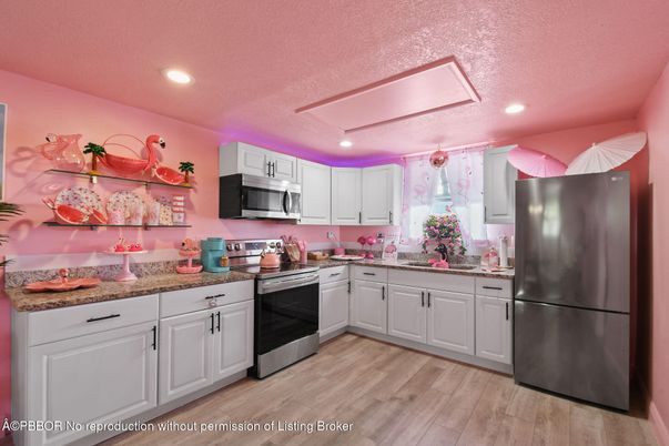 Interior, Kitchen, Recessed Lighting, Stainless Steel Appliances, Wood Texture Flooring