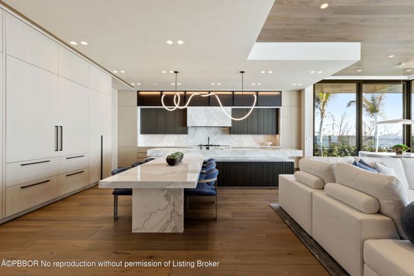 Dining room, Interior, Kitchen, Living room, Marble Walls, Pendant Lights, Recessed Lighting, Wood Texture Flooring