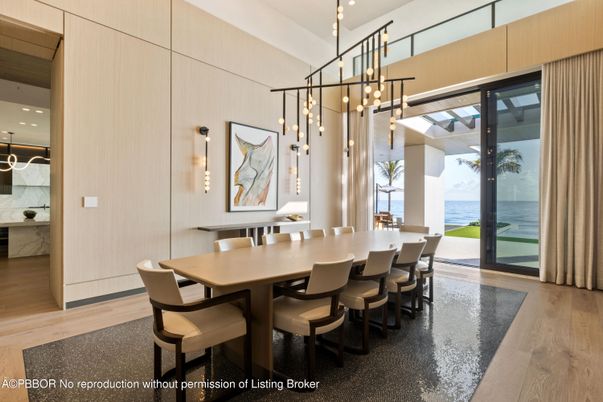 Dining room, Interior, Pendant Lights, Recessed Lighting, Water, Wood Texture Flooring