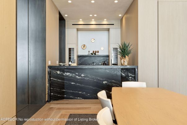 Dining room, Interior, Recessed Lighting, Wood Texture Flooring
