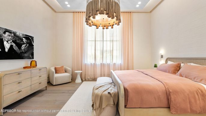 Bedroom, Interior, Pendant Lights, Recessed Lighting, Wood Texture Flooring