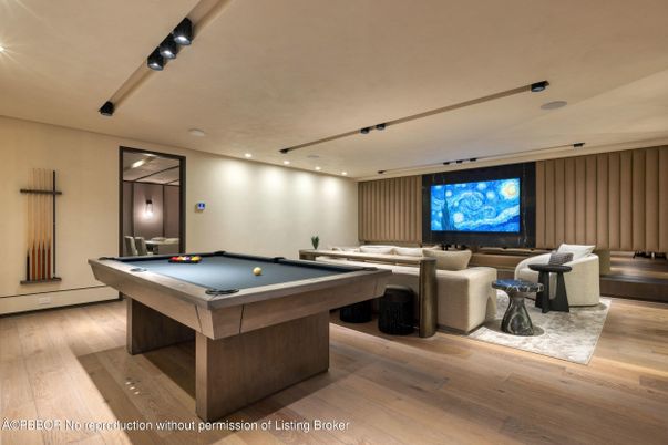 Billiard Table, Game Room, Interior, Recessed Lighting, Wood Texture Flooring