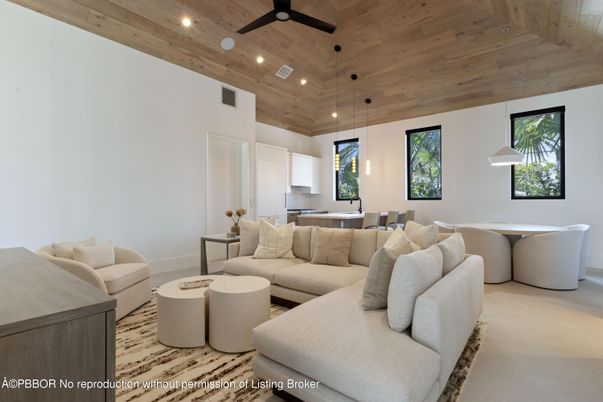 Dining room, Interior, Living room, Pendant Lights, Recessed Lighting, Wooden Ceilings