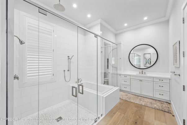 Bathroom, Glass Shower, Interior, Recessed Lighting, Wood Texture Flooring