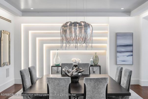 Dining room, Interior, Pendant Lights, Recessed Lighting, Wood Texture Flooring