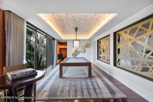Billiard Table, Game Room, Interior, Pendant Lights, Wood Texture Flooring