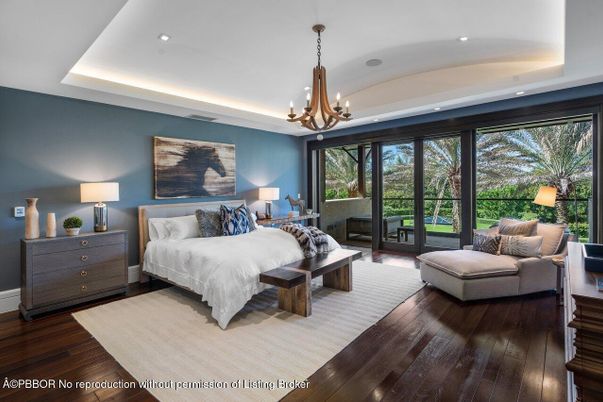 Bedroom, Chandelier, Interior, Recessed Lighting, Wood Texture Flooring