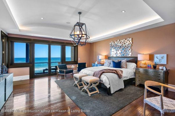 Bedroom, Interior, Pendant Lights, Recessed Lighting, Water, Wood Texture Flooring