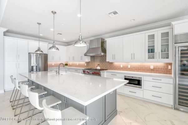 Interior, Kitchen, Marble, Pendant Lights, Recessed Lighting, Stainless Steel Appliances