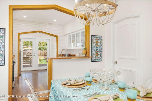 Chandelier, Dining room, Interior, Recessed Lighting, Stone Walls, Wooden Beams, Wood Texture Flooring