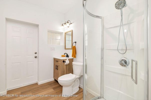 Bathroom, Glass Shower, Interior, Wood Texture Flooring