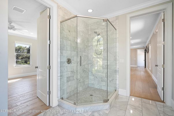 Bathroom, Glass Shower, Interior, Marble, Marble Walls, Recessed Lighting, Wood Texture Flooring