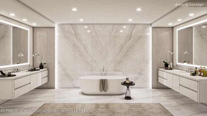 Bathroom, Dual Sink Vanities, Free Standing Baths, Interior, Marble, Marble Walls, Recessed Lighting