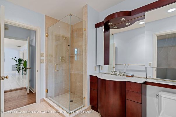 Bathroom, Glass Shower, Interior, Recessed Lighting, Wood Texture Flooring
