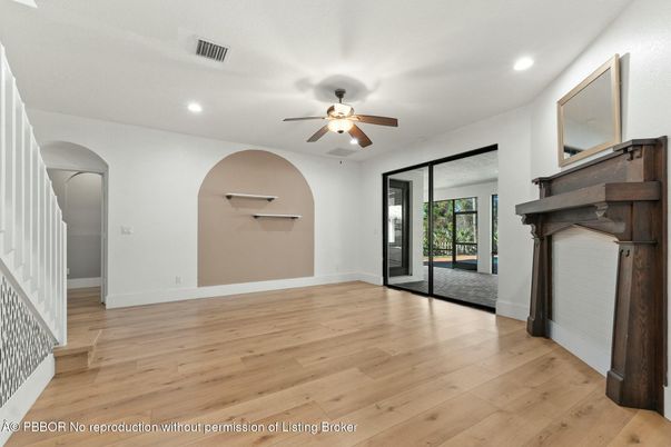 Empty room, Fireplace, Interior, Recessed Lighting, Wood Texture Flooring