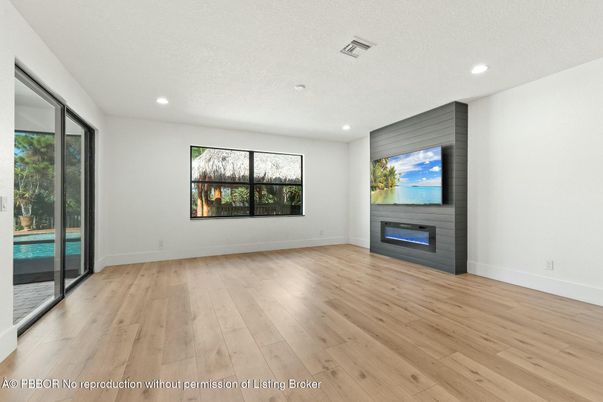 Empty room, Fireplace, Interior, Recessed Lighting, Wood Texture Flooring