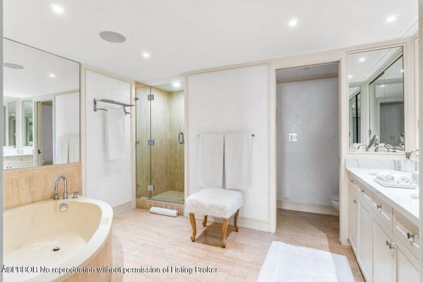 Bathroom, Glass Shower, Interior, Recessed Lighting, Wood Texture Flooring