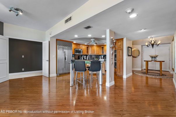Chandelier, Interior, Kitchen, Recessed Lighting, Stainless Steel Appliances, Wood Texture Flooring