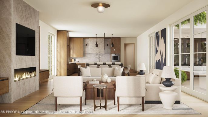 Dining room, Fireplace, Interior, Kitchen, Living room, Pendant Lights, Wood Texture Flooring