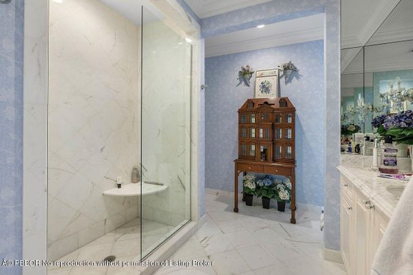 Bathroom, Glass Shower, Interior, Marble, Marble Walls, Recessed Lighting