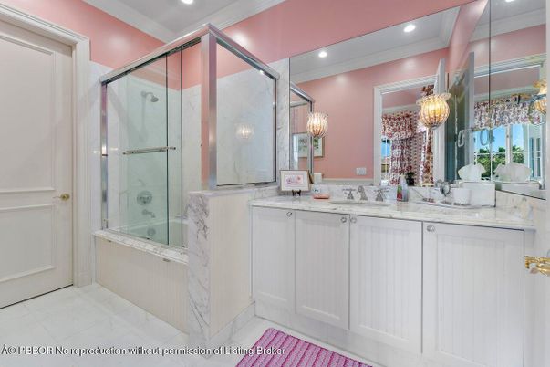 Bathroom, Dual Sink Vanities, Glass Shower, Interior, Marble, Recessed Lighting